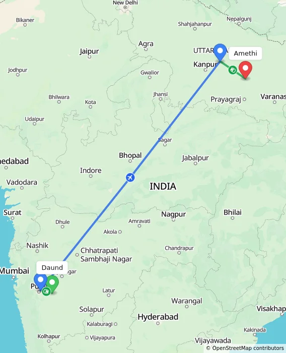 Route map showing distance and travel time from Daund, India to Amethi, India