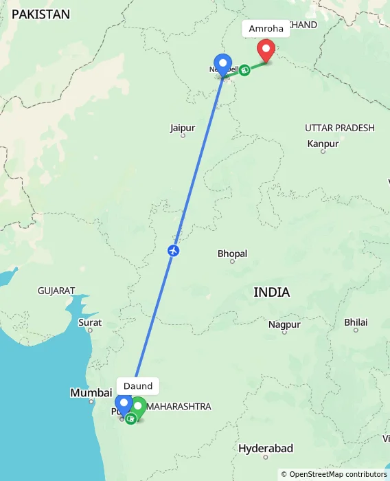 Route map showing distance and travel time from Daund, India to Amroha, India
