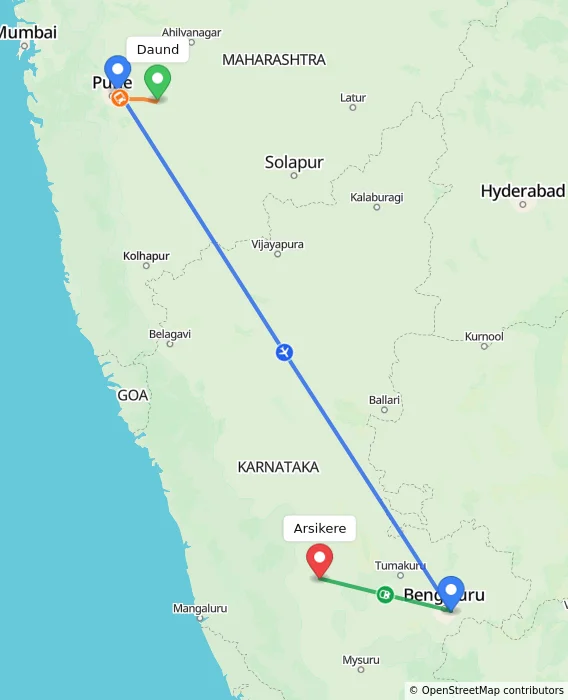 Route map showing distance and travel time from Daund, India to Arsikere, India