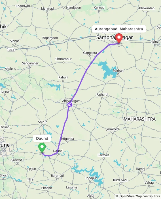 Route map showing distance and travel time from Daund, India to Aurangabad, Maharashtra, India