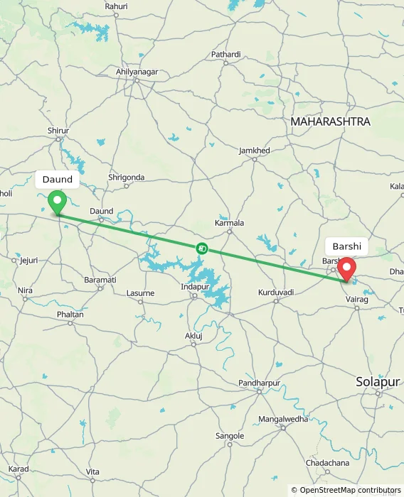 Route map showing distance and travel time from Daund, India to Barshi, India