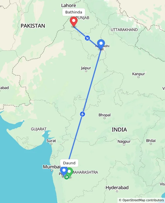 Route map showing distance and travel time from Daund, India to Bathinda, India