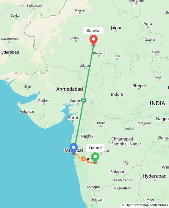 Route map showing distance and travel time from Daund, India to Beawar, India