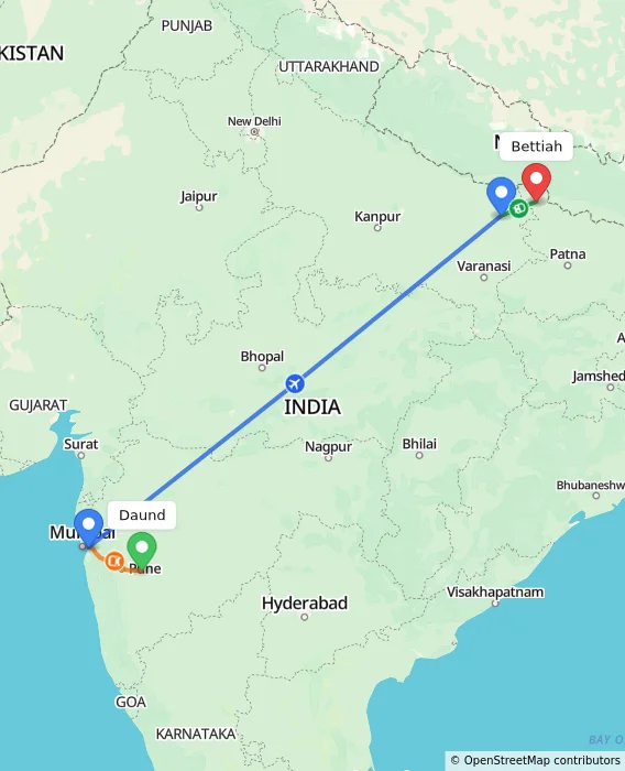 Route map showing distance and travel time from Daund, India to Bettiah, India