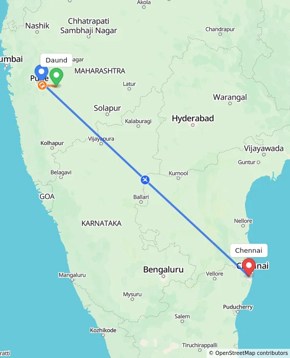 Route map showing distance and travel time from Daund, India to Chennai, India