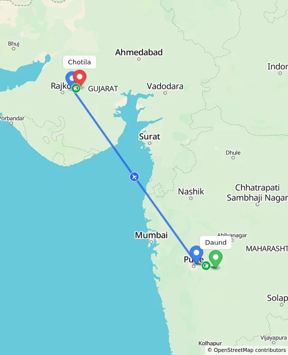 Route map showing distance and travel time from Daund, India to Chotila, India