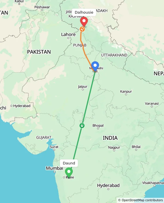 Route map showing distance and travel time from Daund, India to Dalhousie, India