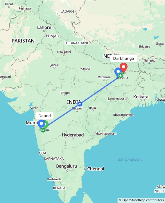Route map showing distance and travel time from Daund, India to Darbhanga, India