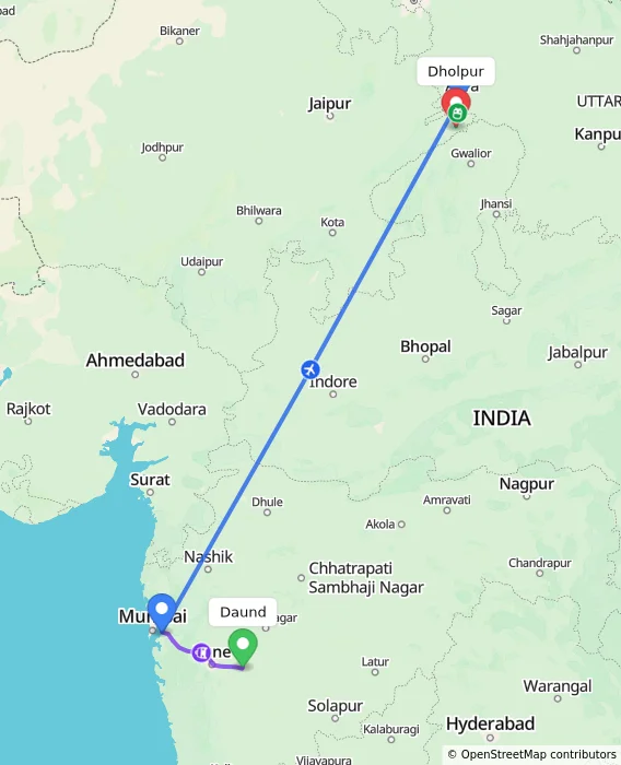 Route map showing distance and travel time from Daund, India to Dholpur, India