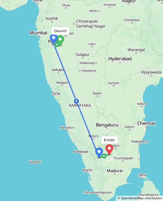 Route map showing distance and travel time from Daund, India to Erode, India