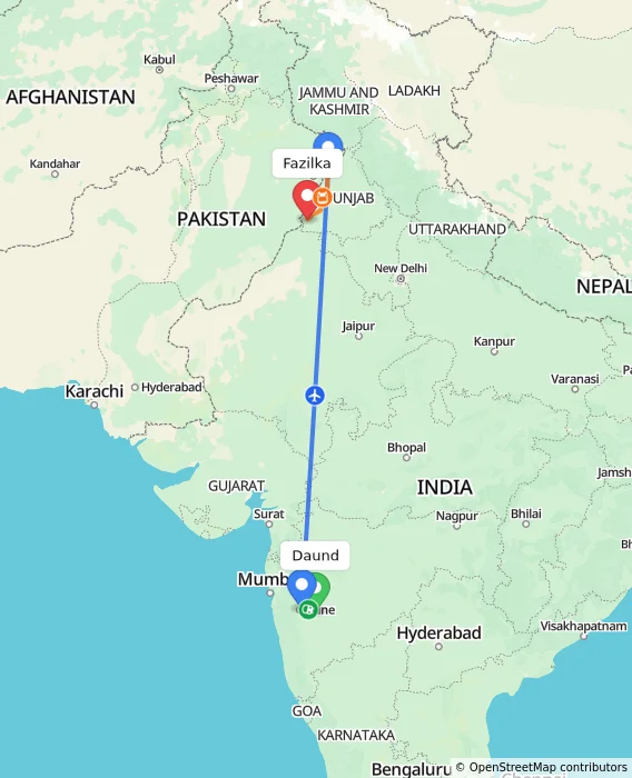 Route map showing distance and travel time from Daund, India to Fazilka, India