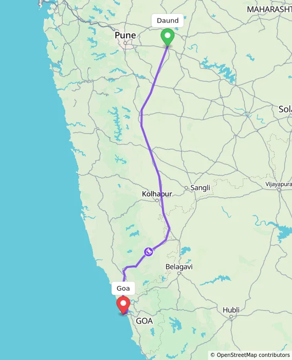 Route map showing distance and travel time from Daund, India to Goa, India