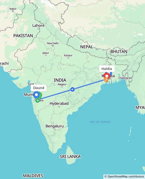 Route map showing distance and travel time from Daund, India to Haldia, India