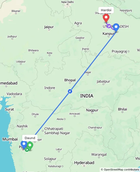 Route map showing distance and travel time from Daund, India to Hardoi, India