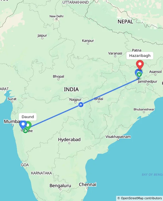 Route map showing distance and travel time from Daund, India to Hazaribagh, India