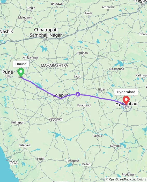 Route map showing distance and travel time from Daund, India to Hyderabad, India