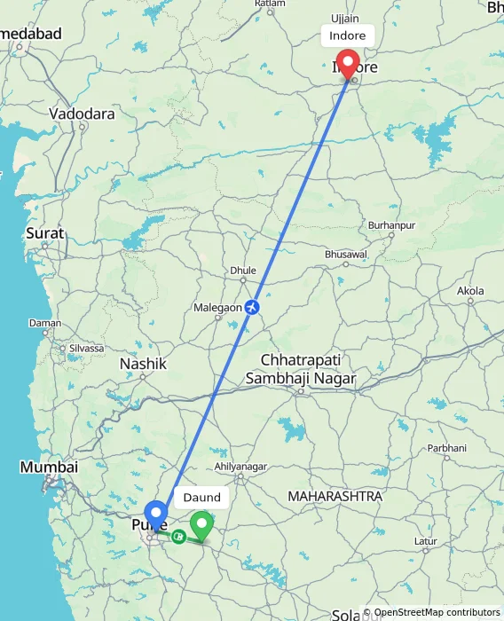 Route map showing distance and travel time from Daund, India to Indore, India