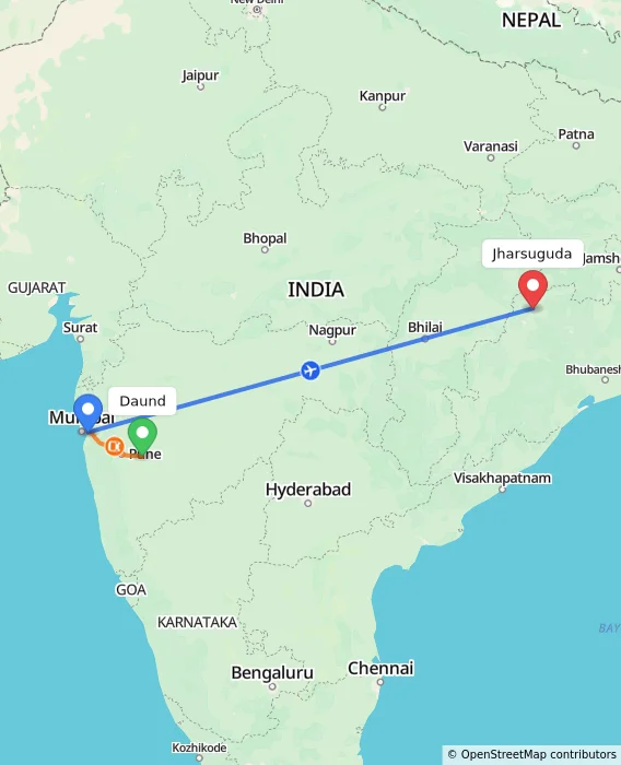 Route map showing distance and travel time from Daund, India to Jharsuguda, India
