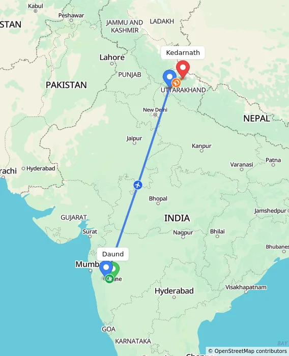 Route map showing distance and travel time from Daund, India to Kedarnath, India