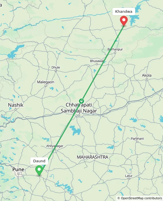 Route map showing distance and travel time from Daund, India to Khandwa, India