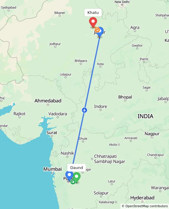 Route map showing distance and travel time from Daund, India to Khatu, India