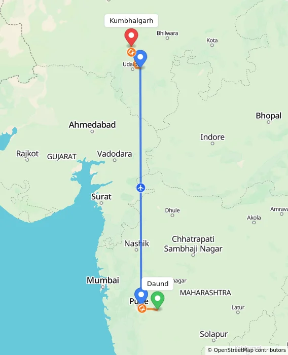 Route map showing distance and travel time from Daund, India to Kumbhalgarh, India
