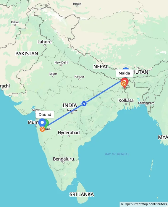 Route map showing distance and travel time from Daund, India to Malda, India