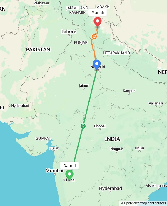Route map showing distance and travel time from Daund, India to Manali, India