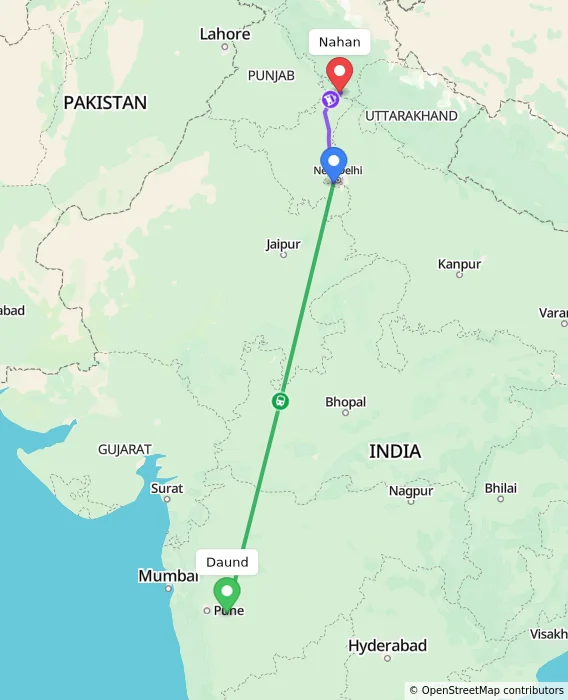 Route map showing distance and travel time from Daund, India to Nahan, India