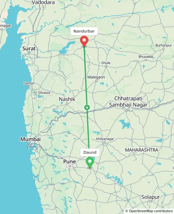 Route map showing distance and travel time from Daund, India to Nandurbar, India