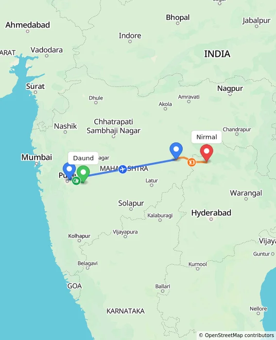 Route map showing distance and travel time from Daund, India to Nirmal, India