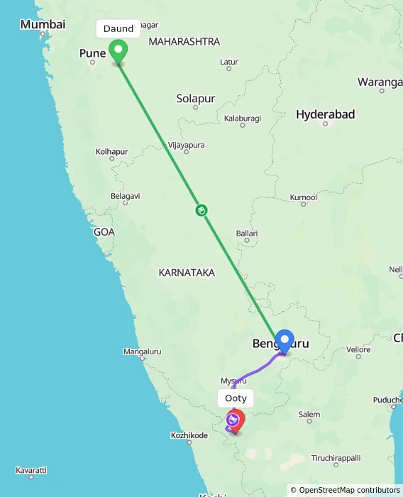 Route map showing distance and travel time from Daund, India to Ooty, India