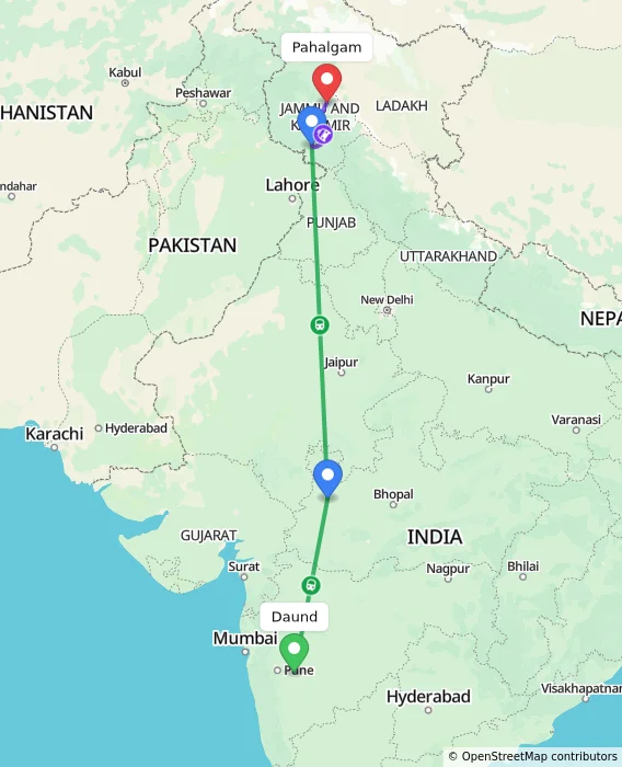 Route map showing distance and travel time from Daund, India to Pahalgam, India