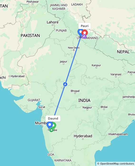 Route map showing distance and travel time from Daund, India to Pauri, India
