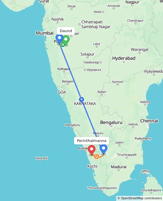 Route map showing distance and travel time from Daund, India to Perinthalmanna, India