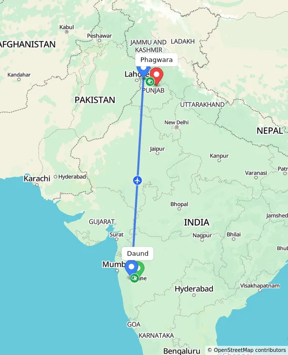 Route map showing distance and travel time from Daund, India to Phagwara, India