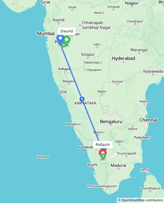 Route map showing distance and travel time from Daund, India to Pollachi, India
