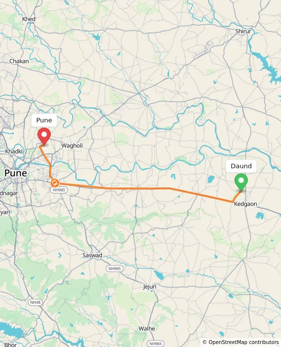Route map showing distance and travel time from Daund, India to Pune, India