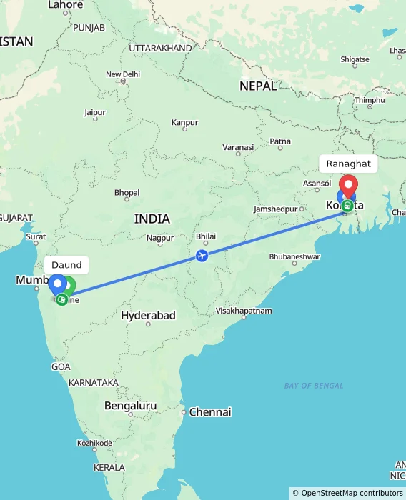 Route map showing distance and travel time from Daund, India to Ranaghat, India