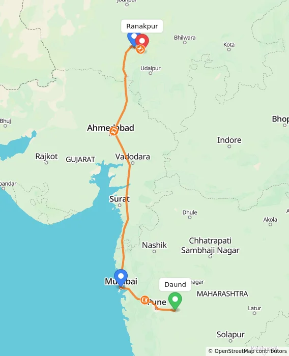Route map showing distance and travel time from Daund, India to Ranakpur, India