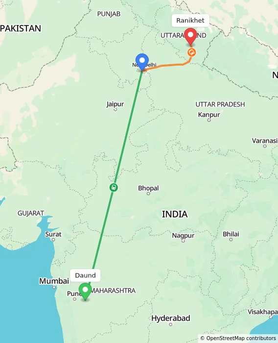 Route map showing distance and travel time from Daund, India to Ranikhet, India