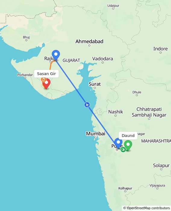 Route map showing distance and travel time from Daund, India to Sasan Gir, India