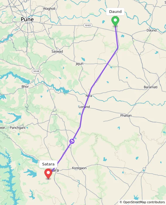 Route map showing distance and travel time from Daund, India to Satara, India