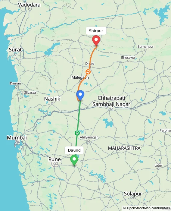 Route map showing distance and travel time from Daund, India to Shirpur, India