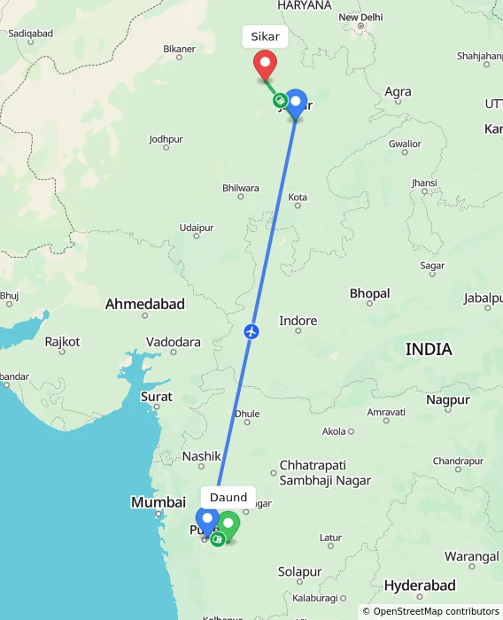 Route map showing distance and travel time from Daund, India to Sikar, India
