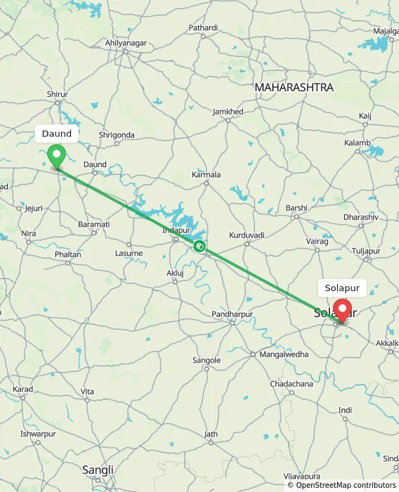 Route map showing distance and travel time from Daund, India to Solapur, India