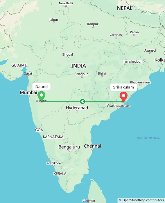 Route map showing distance and travel time from Daund, India to Srikakulam, India