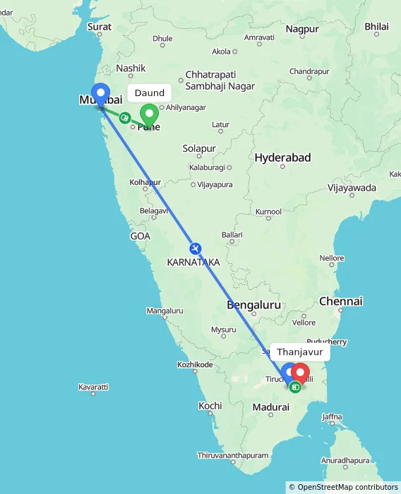 Route map showing distance and travel time from Daund, India to Thanjavur, India