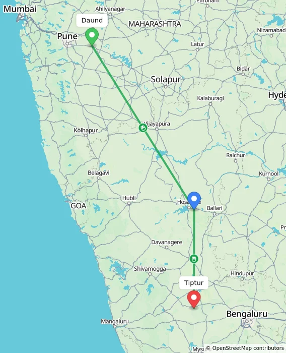 Route map showing distance and travel time from Daund, India to Tiptur, India