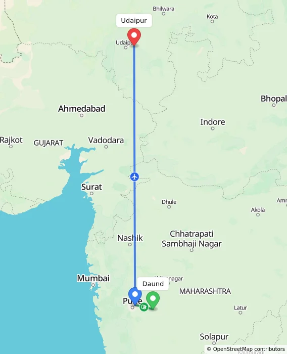 Route map showing distance and travel time from Daund, India to Udaipur, India